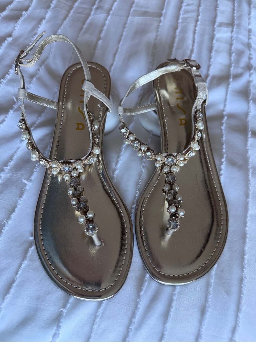 Women's Embellished Pearl T-Strap Sandals - Light Gold color